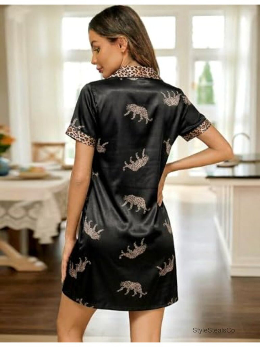 Satin Nightgown Short Sleeve Button Down Nightshirt Loose Sleepwear - Picture 2 of 6